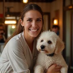 Happy pet owner picking up groomed pet