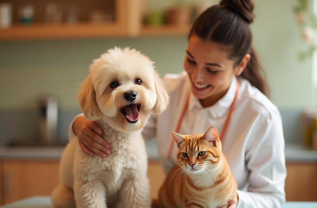 Groomer gently caring for a happy dog and relaxed cat