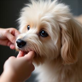 Groomer styling a fluffy dog