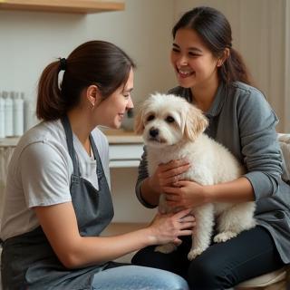 Groomer consulting with pet owner